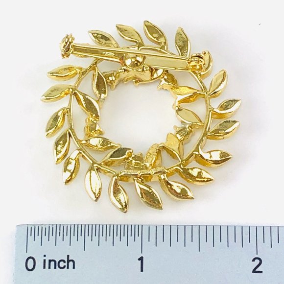 Coro Vintage Brooch Gold Tone Wreath Green Rhinestones Crystals - Picture 2 of 3